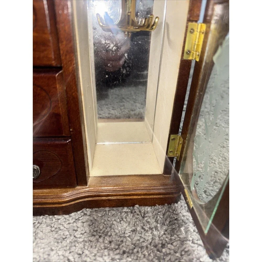 Small Vintage Wooden Jewelry Box Armoire Etched Glass Hearts Drawers Cabinet